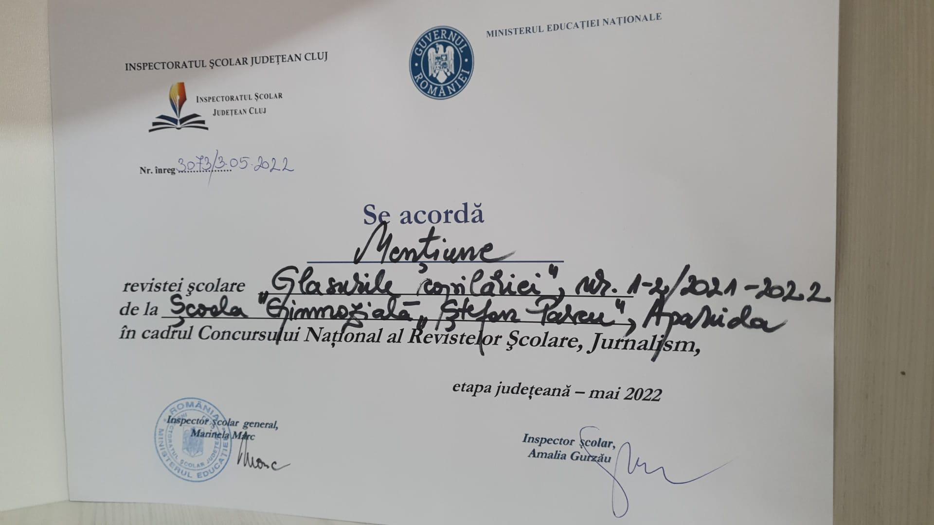 Mențiunea a II-a la faza județeană a Concursului de reviste școlare, pentru revista școlii noastre!